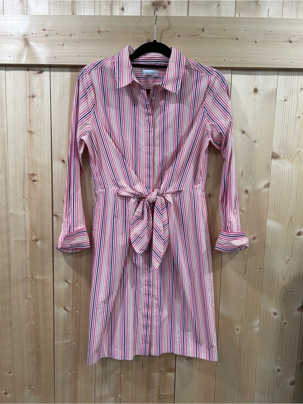 Calvin Klein Striped Tie Front Shirt Dress Long Sleeve Pink Multi, Size 6